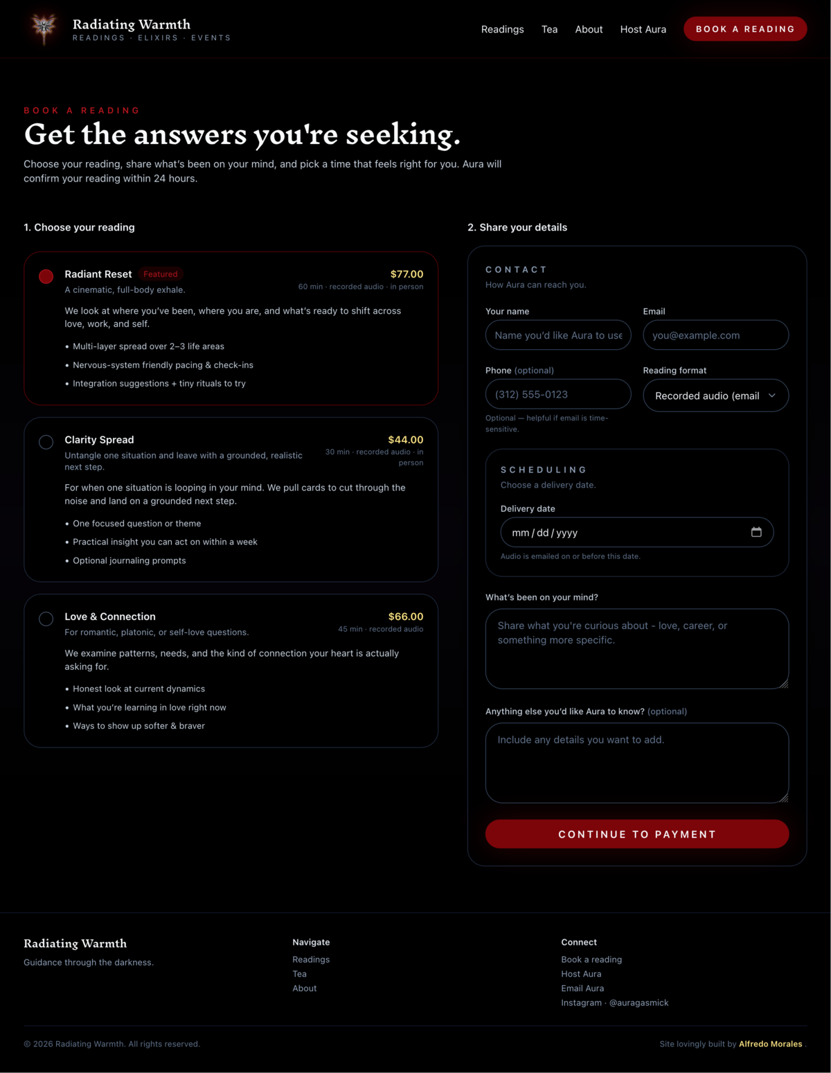 Radiating Warmth booking flow (customer-facing)