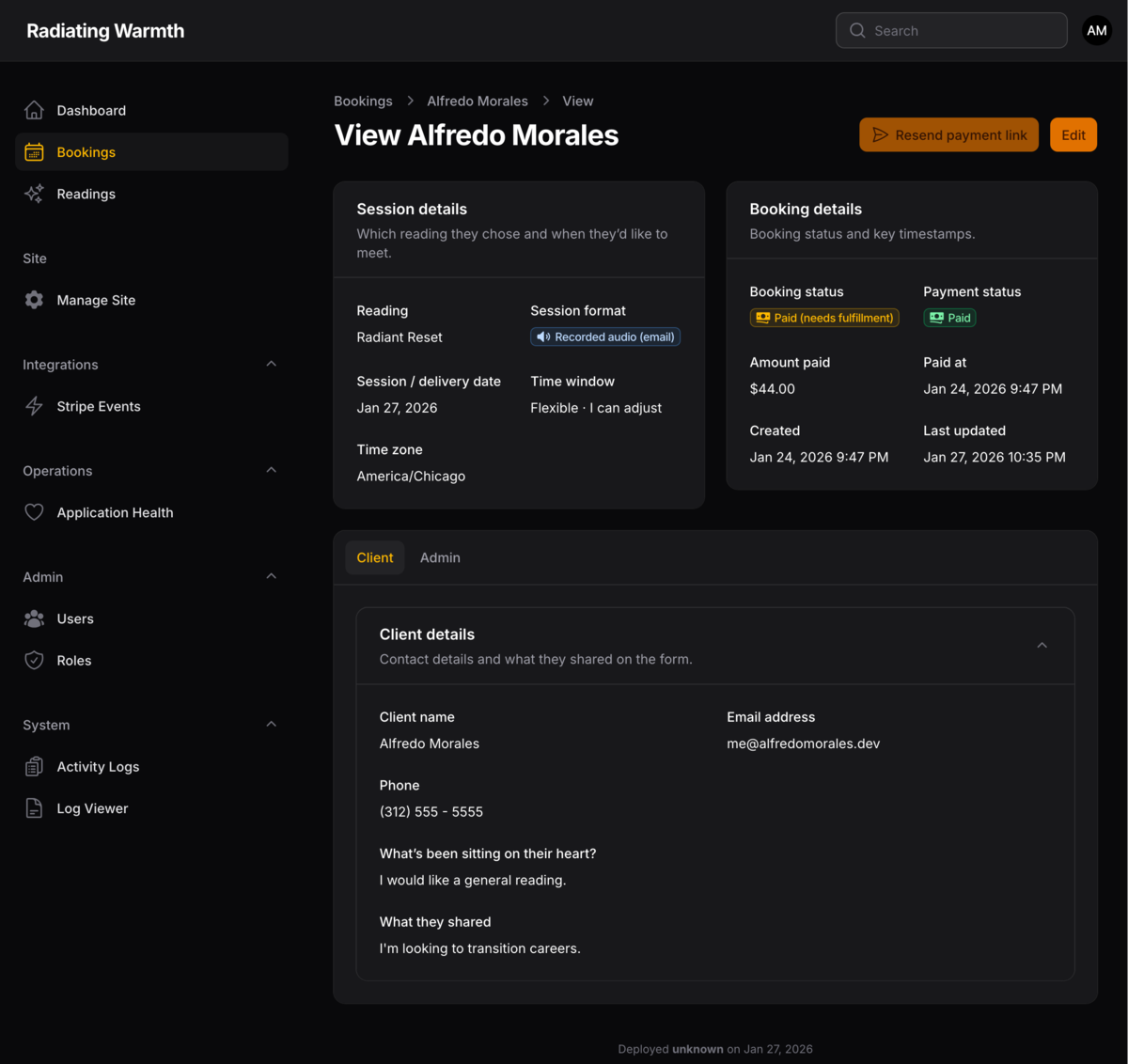 Radiating Warmth admin view for bookings and payment status