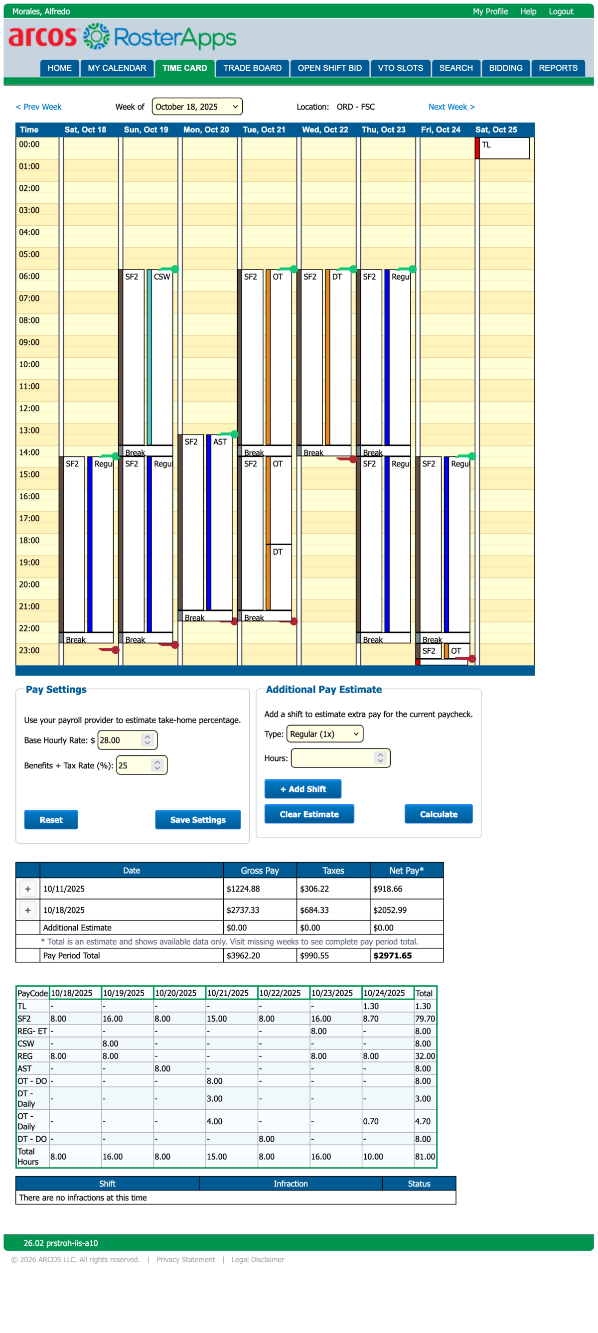 RosterApps timecard with the calculator UI enabled (collapsed view)